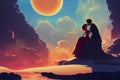 kissing romantic scene of a coule at the sunset, red dressed girl, ai generated image Royalty Free Stock Photo