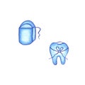 Kit for cleaning teeth and mouth. Dental floss, tooth image. Icon. Blue items on a white background.