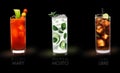 Famous drinks Bloody Mary, Mojito, Cuba Libre - black background