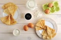 a kit for making pancakes, eggs, milk, pitcher, flour, sour cream and jam Royalty Free Stock Photo