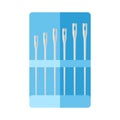Kit needle for sewing isolated on white background. Needles for tailoring in blue packaging in style flat Royalty Free Stock Photo
