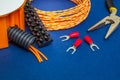Kit spare parts and tools for electrical prepared before repair or setting on blue background Royalty Free Stock Photo