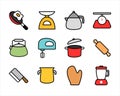 collection of colorful cooking tools icons. Kitchen stuff in line art cartoon design Royalty Free Stock Photo