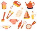 kitchen accessories set. kitchenware and utensils. Hand mixer, grater, whisk, chopping board, cans, colander, kettle. For modern