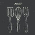 Kitchen accessories spatula, whisk and mixing spoon illustration vector Royalty Free Stock Photo