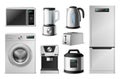 Kitchen appliance. Realistic electronic household equipment, 3D domestic cooking devices. Modern washer and refrigerator,