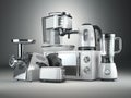 Kitchen appliances. Blender, toaster, coffee machine, meat ginder, microwave oven and kettle.