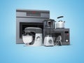 Kitchen appliances built into the group electric oven microwave blender electric kettle 3d rendering on blue background with