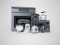 Kitchen appliances built into the group electric oven microwave blender electric kettle 3d rendering on gray background with