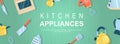 Kitchen appliances horizontal web banner. Knife, oven, mixer, cezve, saucepan, grater, whisk, spatula, toaster and utensils.