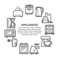 Kitchen appliances icons in a circle composition made in line art style.