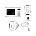 Kitchen appliances microwave oven, mixer, electric kettle, blender set icon. hand drawn doodle style. , minimalism, monochrome, Royalty Free Stock Photo