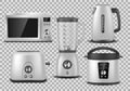 Kitchen appliances. Realistic microwave, kettle, blender, oven, juicer, toaster, multicooker silver mockup. Set of