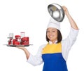 Kitchen Appliances Set. Beautiful Young Woman Chef with Red Blender, Toaster, Coffee Machine, Meat Ginder, Food Mixer and Coffee