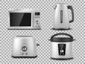 Kitchen appliances template. Realistic silver microwave, kettle, oven, juicer, toaster, multicooker silver mockup. Set Royalty Free Stock Photo