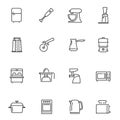 Kitchen appliances thin line icons set isolated on white. Refrigerator, mixer, blender pictograms. Royalty Free Stock Photo