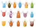 Kitchen apron collection in bright colours with pocket and different design forms. Set of colorful protective garment