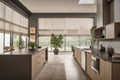 kitchen with automated blinds and custom window treatments that match cabinets