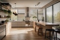 kitchen with automated blinds that raise and lower to control sunlight and temperature