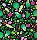 Kitchen background. Knifes and vegetables . Multicolor vector seamless pattern.