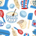 Kitchen baking mixer pattern on white background blue set color bright illustration of bake shop and pastry dessert ornament