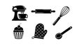 Kitchen baking tools vector set including mixer whisk rolling pin oven mitt spoon cupcake Royalty Free Stock Photo