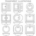 Kitchen and bathroom sinks set. Vector illustrations. Transparent and thin outline. Round, square, rectangular.