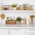 Kitchen bench shelves with various food ingredients on white background Royalty Free Stock Photo