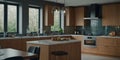 Kitchen with black marble top island. Royalty Free Stock Photo