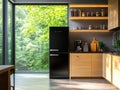 Kitchen with Black Refrigerator and Wood Cabinets Royalty Free Stock Photo