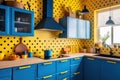 A kitchen with blue cabinets and yellow walls. Generative AI image. Royalty Free Stock Photo