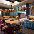 A kitchen with a blue kitchen island and a large island with a large blue stove
