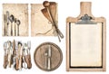 Kitchen board, aged recipe paper and vintage cutlery Royalty Free Stock Photo