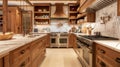 The kitchen boasts a mix of wooden cabinets in different finishes from dark cherry to light maple. The countertops are Royalty Free Stock Photo