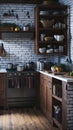 A kitchen with a brick wall and wooden floors created with Generative AI technology Royalty Free Stock Photo