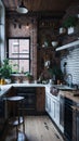 A kitchen with a brick wall and wooden floors created with Generative AI technology Royalty Free Stock Photo