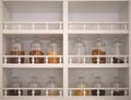 Kitchen cabinet with open shelves, on which there are glass jars with spices, cereals and seasonings