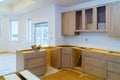 Kitchen cabinets installation Improvement Remodel worm's view installed in a new kitchen Royalty Free Stock Photo