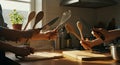 Kitchen Chaos: Multiple Hands Holding Knives, Whisks, and Spoons in a Culinary Dance Royalty Free Stock Photo