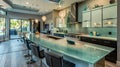 The kitchen is a chefs dream with a large island featuring a sleek glass countertop. The glass backsplash adds a touch