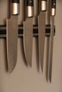 Kitchen chefs knifes on magnetic knife block holder, hanging on white wall Royalty Free Stock Photo