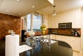 Kitchen in city apartment with skyline views Royalty Free Stock Photo