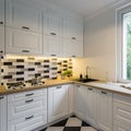 Kitchen with classic cabinets and brick wall Royalty Free Stock Photo