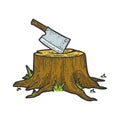 Kitchen cleaver stuck in tree stump sketch vector Royalty Free Stock Photo