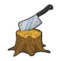 Kitchen cleaver stuck in tree stump sketch vector