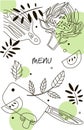 Kitchen composition. Line art graphic. Restaurant template. Vector illustration. Vegetarian Theme