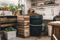 a kitchen with compost bin and worm farm, creating a sustainable ecosystem