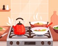 Kitchen cooking. Boiling in pans on gas stove burning and steam from preparing food delicious cuisine nowaday vector