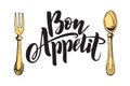 Kitchen cooking lettering inscriptions, color logo, cuisine label. Bon Appetit.