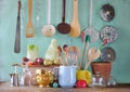 Kitchen and cooking still life with vintage kitchen utensils ,sweetheart cabbage,fennel and hot chilli Royalty Free Stock Photo